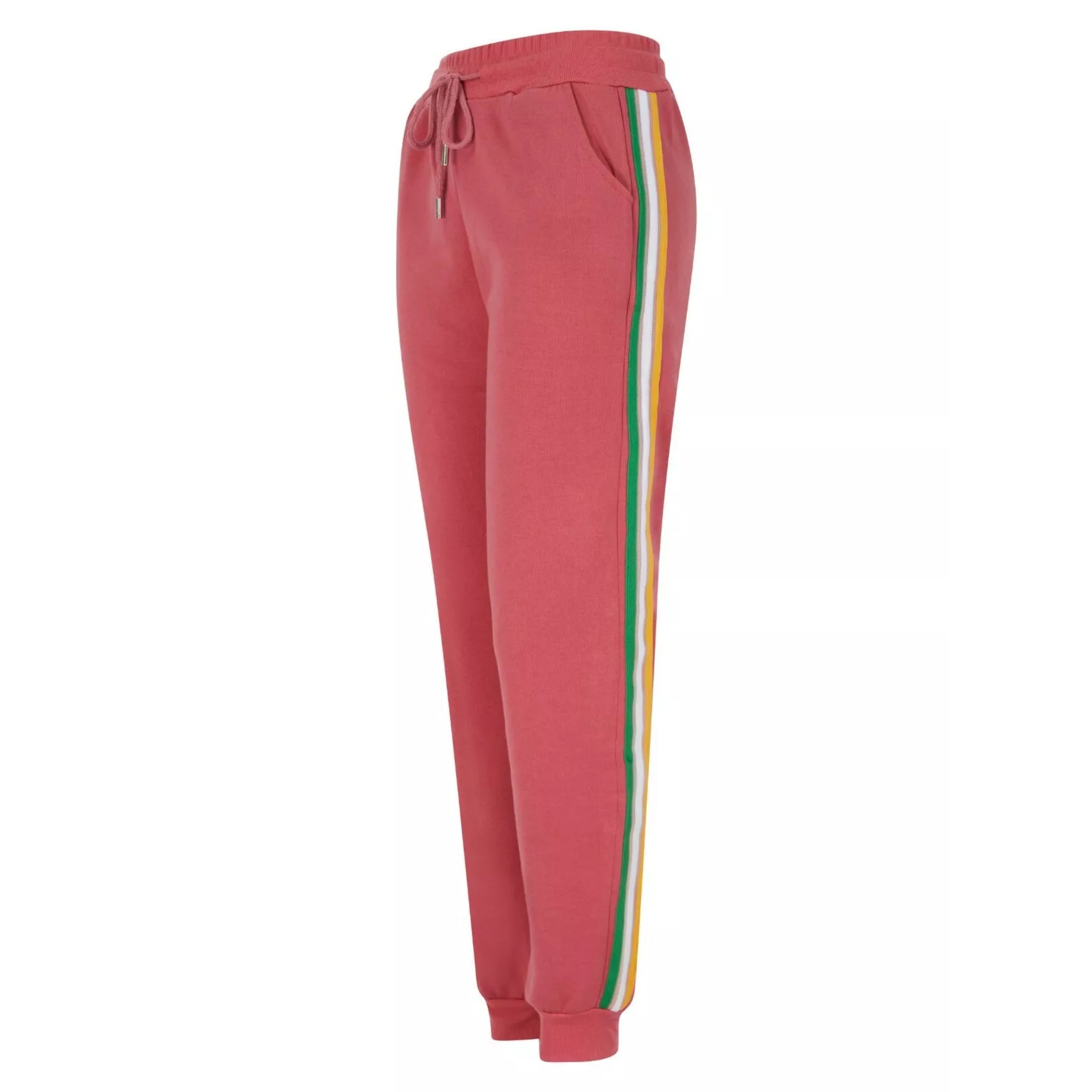 Women's pink jogger trousers with green, yellow, and white striped side detail, elasticated waist, drawstring tie, and cuffed ankles.